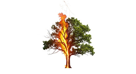 Large Green Tree Struck by Lightning and Burning with Bright Flames, Symbolizing Power of Nature and Destruction
