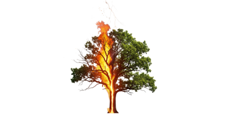 Large Green Tree Struck by Lightning and Burning with Bright Flames, Symbolizing Power of Nature and Destruction