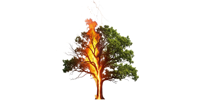 Large Green Tree Struck by Lightning and Burning with Bright Flames, Symbolizing Power of Nature and Destruction