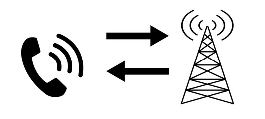 Telecommunication vector: phone call symbol connecting to a radio transmission tower via arrows.