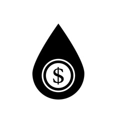 Visualizing liquid assets: dollar coin inside a black water drop vector icon symbol.