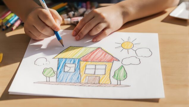 Childs Colorful House Drawing with Sun and Clouds on Paper. - Powered by Adobe