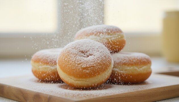 Powdered sugar falling onto freshly fried donuts on a wooden board. Close-up of a sweet pastry dessert. Homemade baking concept
