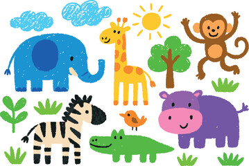 Cute hand-drawn jungle animals crayon illustration featuring elephant, giraffe, monkey, zebra, crocodile, hippo, bird, tree, clouds, and sun for kids design