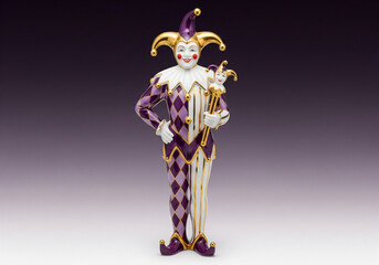 Decorative ceramic jester or harlequin figurine, purple, gold, and white, holding a staff, symbolizing carnival, humor, and Mardi Gras tradition, on a gradient background, with copy space