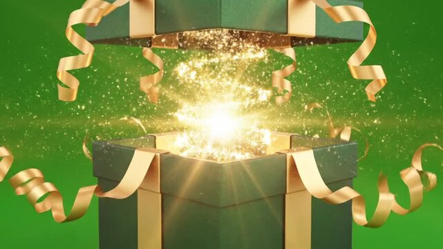 Elegant Green Gift Box Opens Revealing a Magical Golden Surprise.