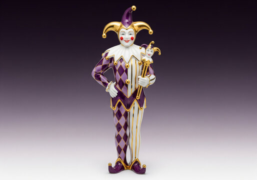 Decorative ceramic jester or harlequin figurine, purple, gold, and white, holding a staff, symbolizing carnival, humor, and Mardi Gras tradition, on a gradient background, with copy space