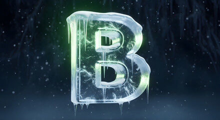 Icy letter b illuminated by green light in the darkness, perfect for winterthemed designs, cold concepts, or mysterious projects.