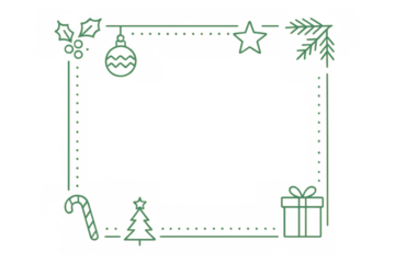 Christmas line art border creating festive frame with ornaments, candy cane, gift and pine branch on transparent background