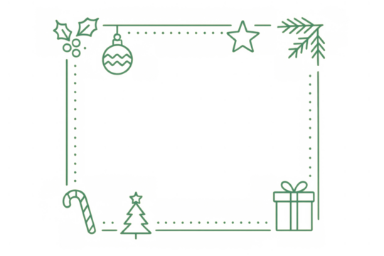 Christmas line art border creating festive frame with ornaments, candy cane, gift and pine branch on transparent background - Powered by Adobe