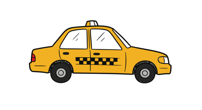 Hand drawn yellow taxi cab with checkered stripe on white background