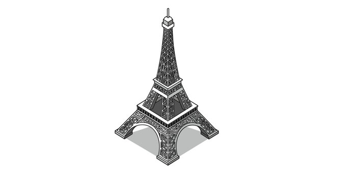 Isometric eiffel tower in black and white with detailed architecture