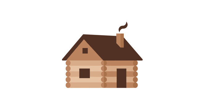 Rustic log cabin icon with smoke on white background