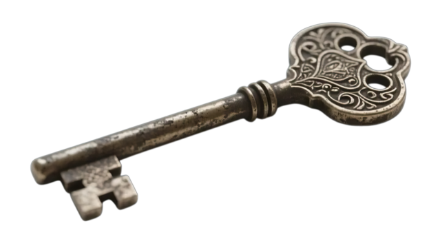 Antique rusty metal key object isolated on a white background, representing old security and access