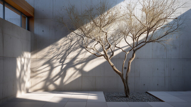 Minimalist concrete wall with embedded texture and leafless tree casting dramatic shadows, modern architecture, natural light, tranquil atmosphere, serene courtyard
