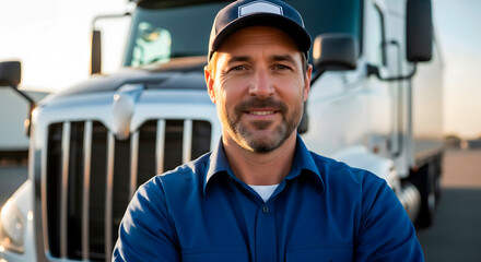 Man truck driver standing in front of semi-truck with crossed arms during day. Logistics and transportation industry concept for freight delivery.