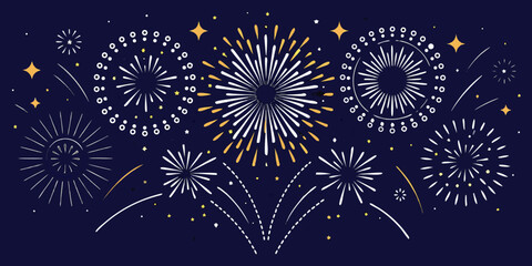 Festive display of white and gold fireworks and stars against a dark blue night sky background