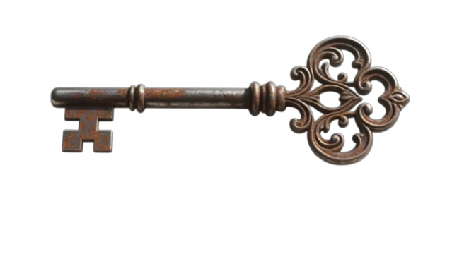 Old rusty antique metal key isolated on a white background
