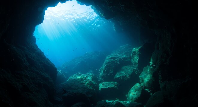 Underwater cave with sunlight beams