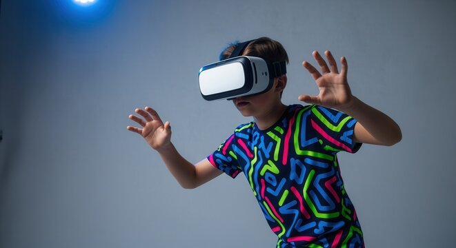 Young boy using a virtual reality headset for an immersive gaming experience. Futuristic technology and entertainment concept with a child in VR. Studio shot with copy space