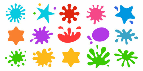 Collection of colorful abstract paint splashes and star shapes on a white background