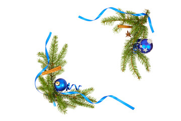 frame corners of christmas fir tree decoration with blue christmas ball, cinnamon sticks and blue ribbon isolated on white or transparent png