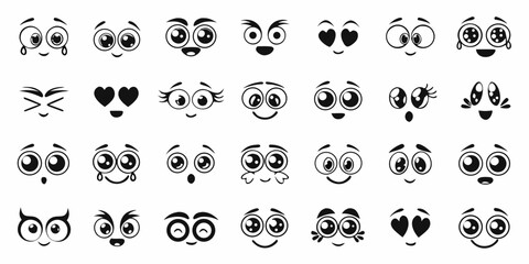 Collection of diverse black and white cartoon eyes and mouths expressing various emotions and feelings