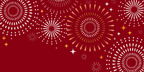 Festive red background with white and gold abstract fireworks and starbursts for celebrations