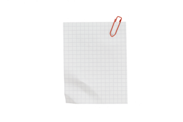 quadrille paper page with red paperclip isolated on white or transparent png