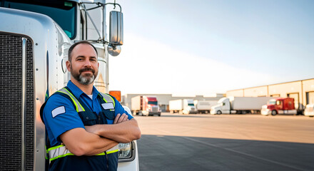 Man truck driver standing in front of semi-truck with crossed arms during day. Logistics and transportation industry concept for freight delivery.