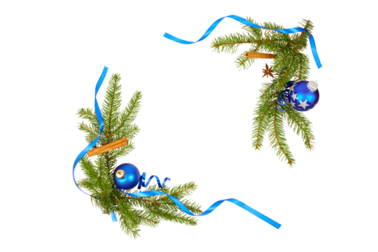 frame corners of christmas fir tree decoration with blue christmas ball, cinnamon sticks and blue ribbon isolated on white or transparent png - Powered by Adobe