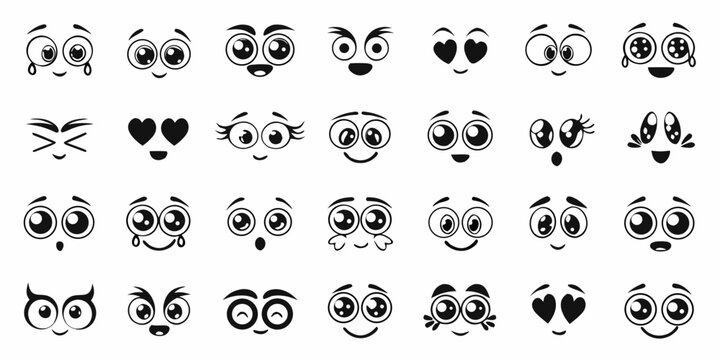 Collection of diverse black and white cartoon eyes and mouths expressing various emotions and feelings