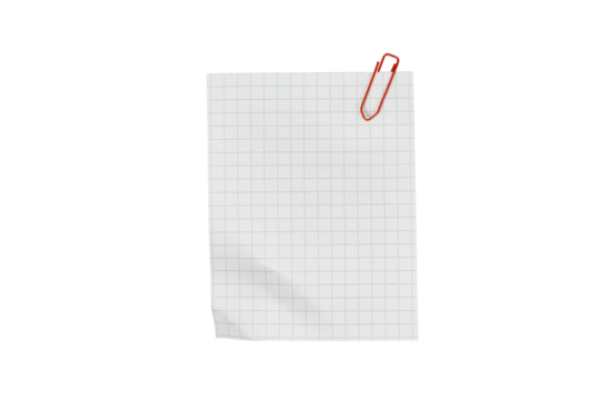 quadrille paper page with red paperclip isolated on white or transparent png