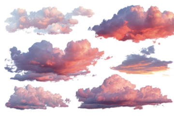 set of sunset red or pink clouds isolated on white or transparent png