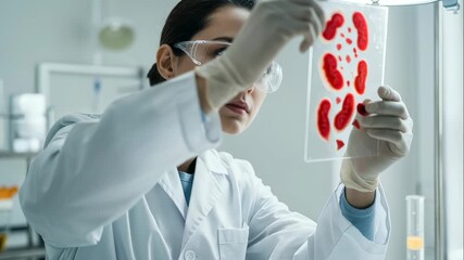 Woman in laboratory coat and safety glasses examines transparent slide with red kidney cell patterns. Medical research and biotechnology. - Powered by Adobe