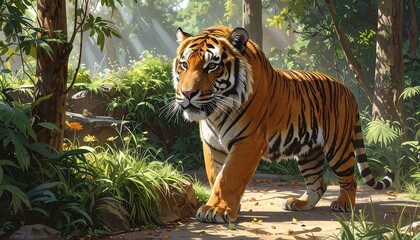 A majestic tiger confidently strides through a sun-dappled jungle scene, surrounded by lush green foliage and hints of sunlight