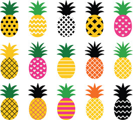 Collection of Colorful Pineapple Illustrations in Various Patterns and Styles