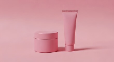 Minimalist pink beauty products display: showcasing cream jar and tube for skincare routine and cosmetic presentation on solid backdrop.