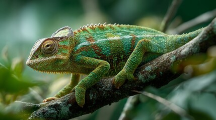 Obraz premium A green chameleon rests on a branch surrounded by leaves in a natural outdoor environment view