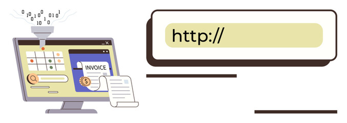 Computer screen showing invoice generation, data funnel transforming codes, and a web browser URL bar. Ideal for billing, e-commerce, automation, technology, finance data management education. A