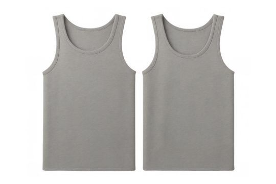 Gray sleeveless tank top, front and back views, simple cotton vest for apparel design mockups on transparent background