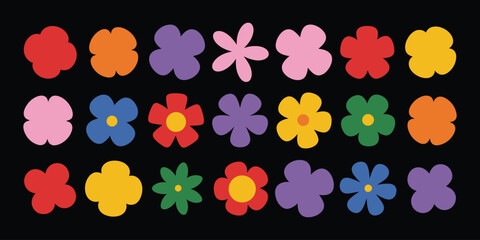 A vibrant collection of colorful, retrostyle flowers arranged in rows against a black background