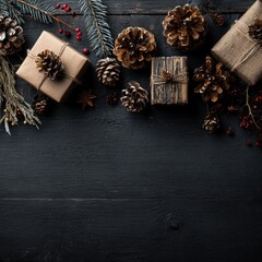 Fototapeta premium Rustic Christmas Gifts and Pine Cones on Dark Wood.