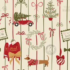 Fototapeta na wymiar Vintage Christmas bows striped seamless pattern. Vector hand drawn mail, stamp, letters, mailbox retro winter holiday print. Cozy Xmas wallpaper, wrap paper, textile design, New Year repeat background