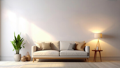 modern living room creme grey wall with highlight from window copy space