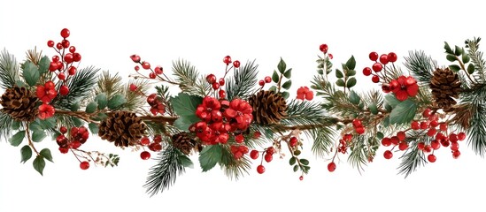 Festive Christmas Garland with Pine Cones and Red Berries.