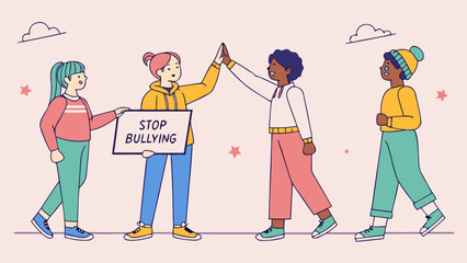 Group of diverse teenagers promoting anti-bullying with a stop bullying sign and supportive gestures