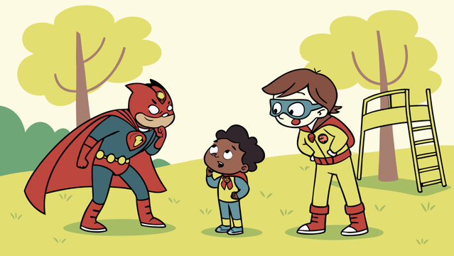 Superhero children protecting a smaller child from bullies in a park, promoting courage and kindness