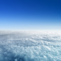 Panorama view of cloudy blue sky. Summer or vacation concept. Copy space. Horizon landscape and view background