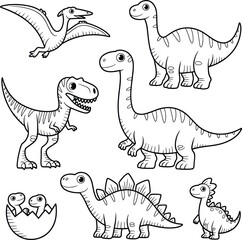 Cute dinosaurs collection outline in cartoon vector illustration design